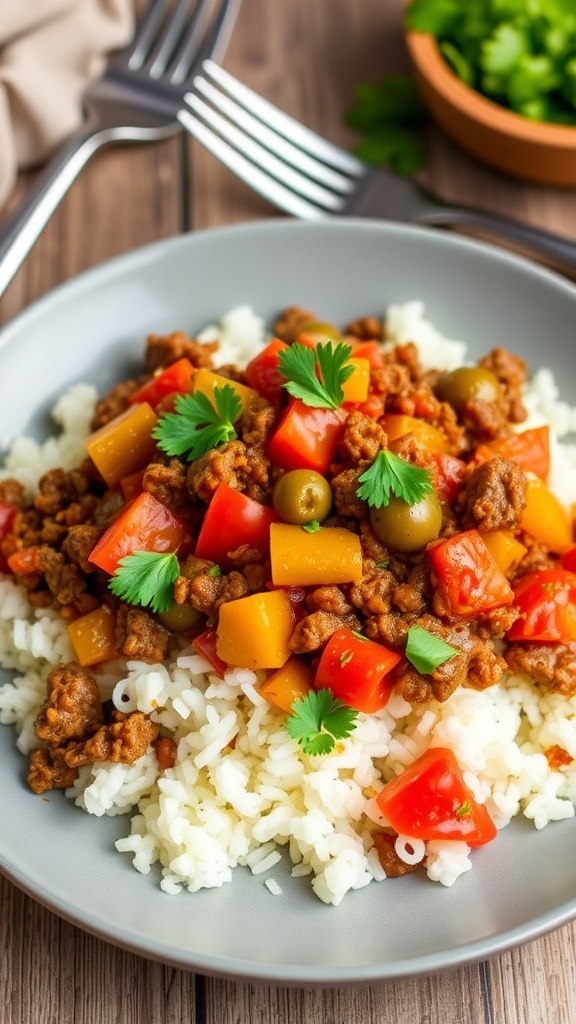 A plate of Beef Picadillo with rice, garnished with cilantro, showcasing a mix of ground beef, tomatoes, and olives.